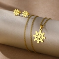 Golden stainless steel jewelry set featuring a nautical helm necklace and stud earrings - Ship Helm (TZ-495)