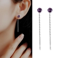 Elegant S925 silver threader earrings featuring purple cubic zirconia round stones - 925 Silver / Purple