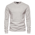 Detail of the crew neck and brand label on a light grey cotton long-sleeve T-shirt - M / Khaki