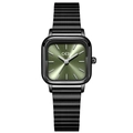 Minimalist square women's quartz watch with deep green dial and black metal wave band - Black Case Green Dial Black Band