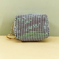 Black and white checkered coin purse with sequins and a gold metal keychain link - Black