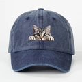 Donkerblauwe gewassen denim baseballpet met grappige tijgerkat print voor uniseks - Eén maat / Marineblauw