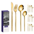 Elegant 24-piece golden stainless steel cutlery set with steak knife, fork and spoon - Portugal Style (16Pcs Set/Mail Box) / Gold