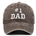 Close-up of vintage washed grey cotton baseball cap with white #1 DAD embroidery detail - One Size / Coffee