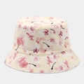 Close-up of pink cherry blossom print on a beige cotton reversible bucket hat fabric - Beige Base Sweet Fresh Sakura Print Style (25#色)