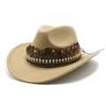 Detail of khaki felt cowboy hat with decorative brown feathers and gold skull studs - Camel