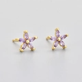 Macro detail of gold flower stud earrings with five purple marquise zircon petals - Yellow Gold with Purple Zircon