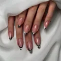 Short almond press-on nails with nude base and black-white French streamline design - Bz1556 Masato Seichi / Glue Type