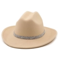 Khaki wool felt cowboy hat with sparkling diamond chain band for women fashion - M (56-58cm) / Beige
