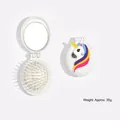 White portable folding hairbrush with mirror and colorful 3D unicorn relief pattern - White Oval + Colorful Unicorn