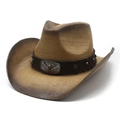 Vintage western straw cowboy hat with bull head emblem and wide curved brim for sun protection - M(56-58cm) / Khaki with Brown Band