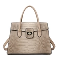 Elegant beige crocodile textured handbag with top handle and gold-tone twist lock - Khaki