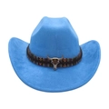 Lebhafter hellblauer Western Cowboyhut mit Ethno-Band und silbernem Stierkopf-Dekor - Blau