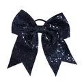 Deep blue sequin 8-inch jumbo hair bow with durable black elastic hair tie for kids - Dark Blue