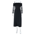 Detail of elegant off-shoulder black dress with sheer mesh pleated long sleeves - XS / Black