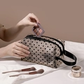 Black heart pattern mesh makeup bag with zipper handle and transparent texture - Handheld Square (Black Heart) / Beige Mesh Black Heart