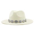 Beige Panama straw hat with flat brim and vintage floral silver metal band decoration - Milk White