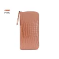 Cartera larga rosa para mujer con diseño de cocodrilo, correa de mano y cremallera - Rosa