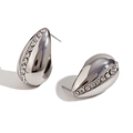 Minimalist silver teardrop earrings with center line rhinestones on white background - Hollow Back Micro-Inlaid Straight Line Rhinestone Teardrop Stud Earrings / Steel