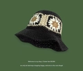 Handwoven black straw bucket hat featuring beige and coffee crochet floral patterns - M (56-58cm) / Black