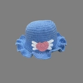 Handmade blue knitted baby hat with pink heart and white wings design details - One Size / Blue Heart Hat