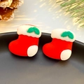 Christmas stocking earrings in festive red and white resin on pine cone tray - Sock (11622)