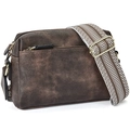 Detail of retro brown leather crossbody bag with geometric woven strap and gold hardware - Coffee