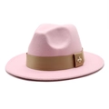 Detail of pink wool fedora hat featuring a khaki ribbon and a small golden bee metal ornament - Pink