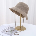 Detailed knit texture and drawstring bow of the khaki lace bucket sun hat for women - Khaki