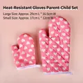 Pink heart print heat resistant oven mitt set in adult and child sizes for baking - Parent-Child Set (1L + 1S) / Pink Heart