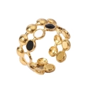 Detail of 18k gold plated ring with linked loops and black and white enamel dots - Adjustable Open / Style 8-Black White Polka Dots