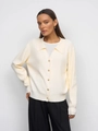 Elegant cream white lapel cardigan sweater with gold buttons and ribbed knit texture - S / White