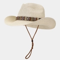 Detail of light beige woven straw hat with ethnic leather band and shell ornaments - M (56-58cm) / Beige