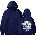 Front and back views of navy blue hoodie with white art text and smiley face print - S / Navy Blue