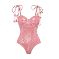 Detail van roze metallic badpak met 3D-vlinderapplicaties en elegante strikbandjes - S / Roze badpak
