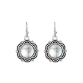 Vintage silver flower drop earrings with a round iridescent stone and ornate carving - Antique Silver Vintage Floral Round (K-1251)