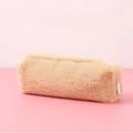 Cute large capacity plush pencil case in beige color with soft faux fur and gold zipper - Plush Octagonal / Khaki