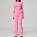 Rosa Yoga-Set mit langärmeligem gerafftem Oberteil und Schlaghose mit hoher Taille - S / Langarm + Schlaghose - Rosérosa