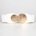 Detail of white elastic waist belt featuring gold dual-disc buckles with sunburst texture - White