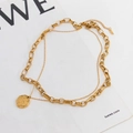 Chic double layer stainless steel necklace with irregular bee relief coin pendant - Gold