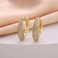 Minimalist gold-plated huggie earrings with pavé cubic zirconia on soft pink fabric - Multi-row Pave Zirconia