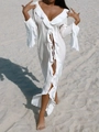 White long-sleeved V-neck beach cover-up dress with ruffled trim and front slit design - S / White