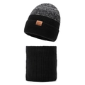 Black knit winter hat and neck warmer set with thermal fleece lining and mountain patch - One Size / Black