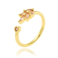 Detailed shot of gold-plated open ring featuring pink leaf and round-cut gemstones - Pink Leaf And Round Zircon Style (J-1153)