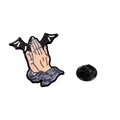 Cartoon praying hands metal pin with black bat wings and rubber butterfly clutch - Praying Hands with Bat Wings