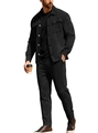 Men's black casual suede suit featuring a button-down shirt jacket and matching trousers - S / Black