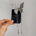 Silver butterfly hair claw clip with rhinestones and long tassel chains for elegant styling - Butterfly Claw