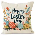 Linen pillow cover with Happy Easter Day lettering and colorful egg illustrations - Happy Easter Day Eggs Ring