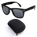 Classic black folding sunglasses with a durable semi-hard zipper case and dark grey lenses - Black Frame / Black Lens