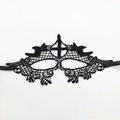 Intricate black lace masquerade mask with gothic cross and moon embroidery and satin ties - Cross